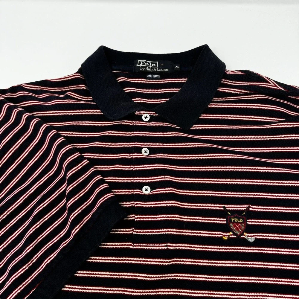 Polo Ralph Lauren Mens XL Striped Golf‎ Crest Polo Shirt Navy Blue Red Cotton